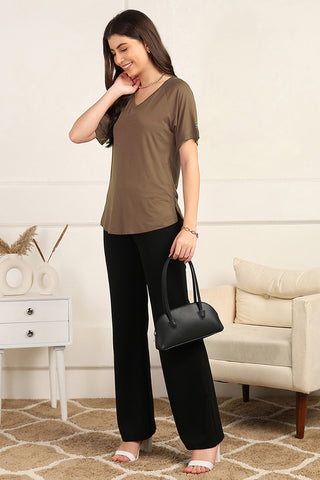 Smooth back view of brown Maternity Tops showing silhouette for comfort.