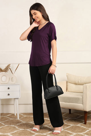 Interior view of Plum Solid Nursing Top with Side Zip Access showing Long Zip.