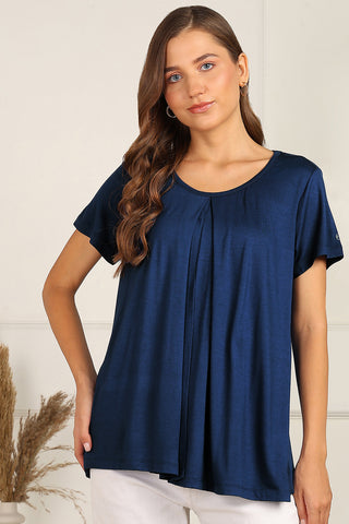 Blue Pleated Nursing Top; opening allows fast breastfeeding access.