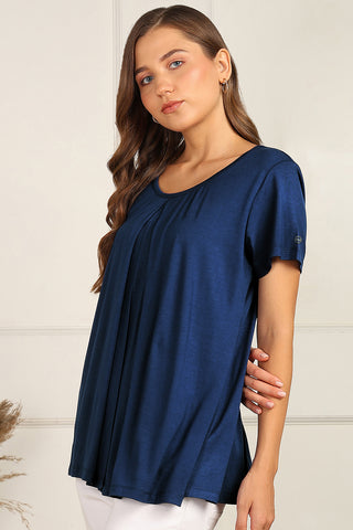 Blue Pleated Top; pleat design is suitable for wear during pregnancy.