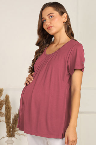 Dusty Rose Pleated Top; front and back pleats are suitable for wear during pregnancy.
