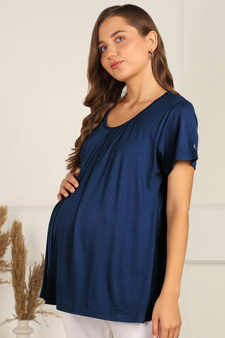 Blue Pleated Top back; back pleats ensure comfortable fit.