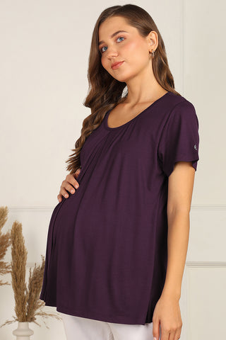 Plum Top back pleat; pleats allow room for a comfortable maternity fit.