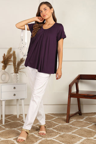 Plum Pleated Top; pleats provide shape and room for a growing belly.