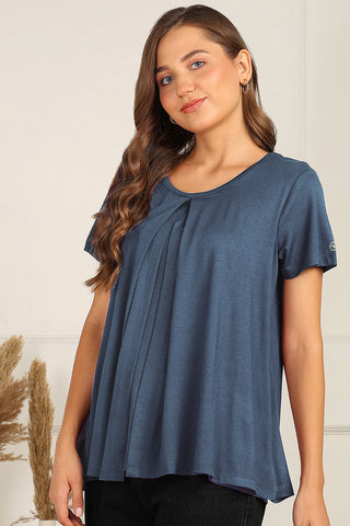 Denim Blue Pleated Top; pleats provide shape and room for a growing belly.