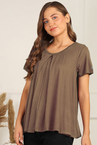 Mocha Pleated Top; front and back pleats are suitable for wear during pregnancy.
