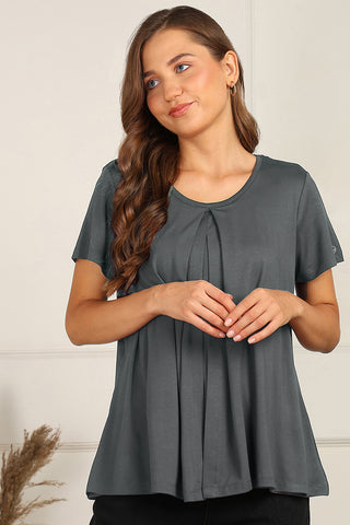 Charcoal Grey Top front pleat; pleats ensure a body-flattering fit.