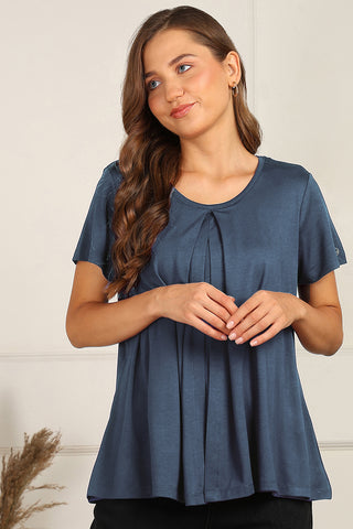 Denim Blue Top back pleat; pleats allow room for a comfortable maternity fit.