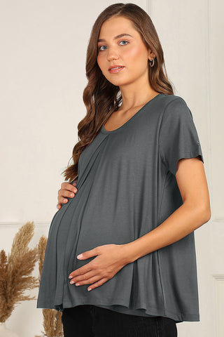 Charcoal Grey Pleated Top; front and back pleats are suitable for wear during pregnancy.