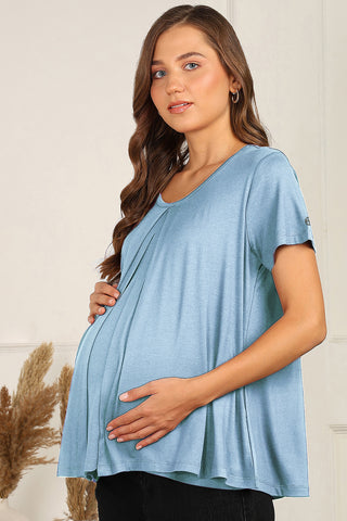 Ice Blue Top back pleat; pleats allow room for a comfortable maternity fit.