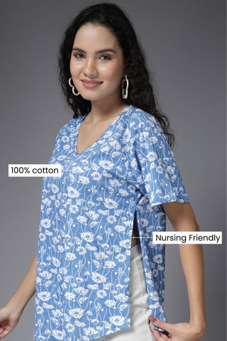 Sky Blue Feeding Top; neckline provides fast, discreet breastfeeding access.