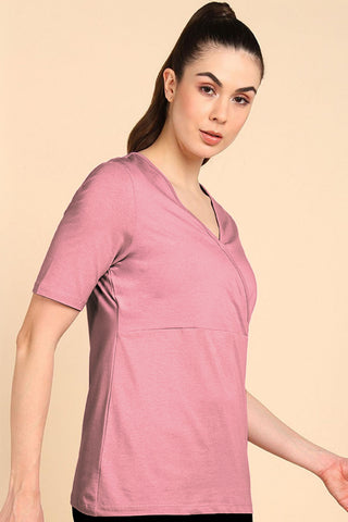247 Zactive Deep Salmon Zipless Maternity Feeding Top - Side profile highlighting feeding-friendly neckline and relaxed