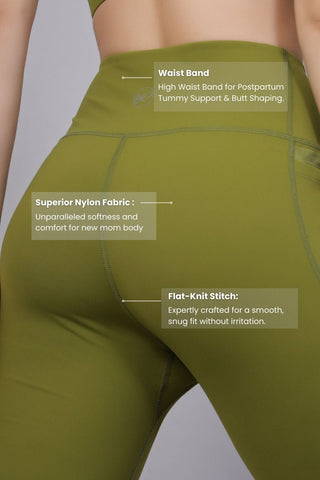 Olive Postpartum Pants; garment designed specifically for the postpartum recovery period.