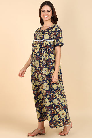 Yellow Floral Printed 100% Soft Cotton Zipless Maternity Maxi