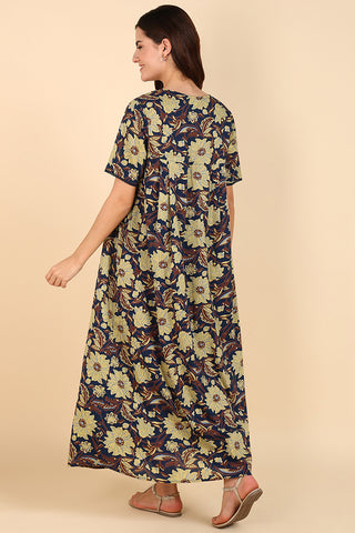 Yellow Floral Printed 100% Soft Cotton Zipless Maternity Maxi