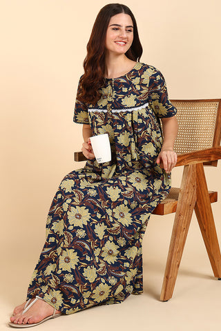 Yellow Floral Printed 100% Soft Cotton Zipless Maternity Maxi