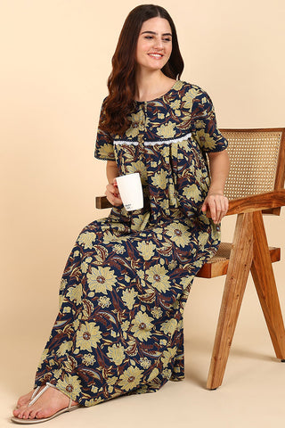 Yellow Floral Printed 100% Soft Cotton Zipless Maternity Maxi