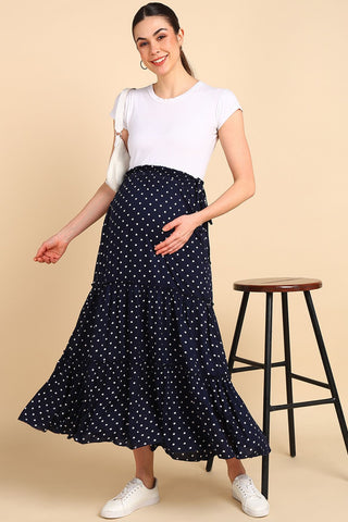 Midnight Blue Tiered Maternity Skirt with Smocked Waistband & Pockets