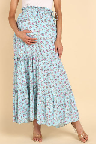 Romantic Print Tiered Skirt; garment designed for wear throughout the entire pregnancy.