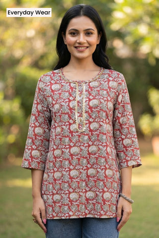 Zipless Feeding Cotton Top with Embroidered Neck - Red Multi