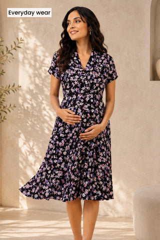 Ditsy Floral Print Maternity Nursing Dress - Black