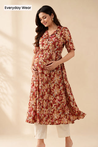 All Over Floral Printed Zipless Feeding Kurta- Red