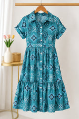 Cotton Tiered Printed Zipless Feeding Shirt Dress - Teal
