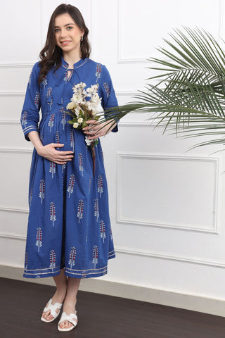 Blue with white leaves printed maternity dress with Pocket - 