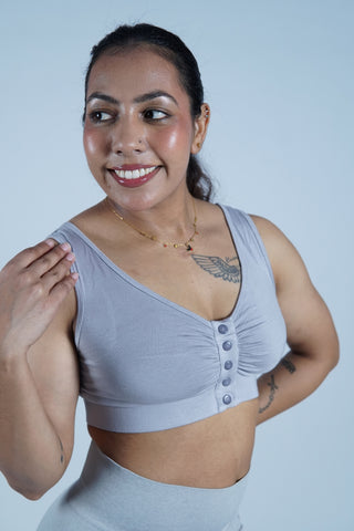 Silver Grey Ruched Bra band detail; the underband elastic provides lift and stability.