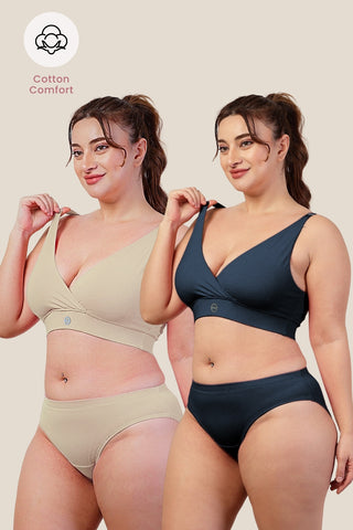 247 Pack Of 2 Extra Support Cotton Feeding Bra with Adjuster - (Navy, Beige)