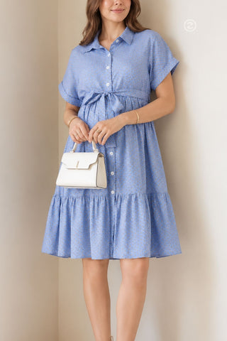 Tiered Printed Zipless Feeding Shirt Dress - Blue
