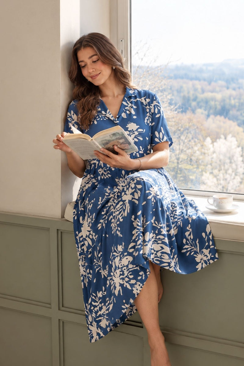 Floral Printed Zipless Feeding Dress - Blue