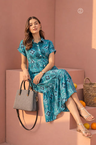 Cotton Tiered Printed Zipless Feeding Shirt Dress - Teal