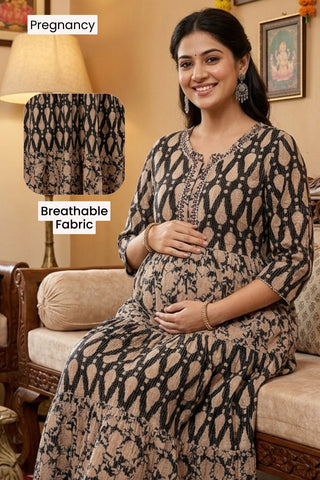 Ethnic Cotton Tiered Maternity Kurti for Feeding - Black