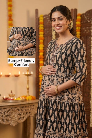 Ethnic Cotton Tiered Maternity Kurti for Feeding - Black