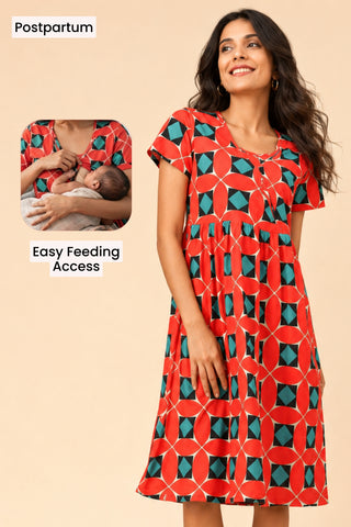 Red Printed Maternity Zipless Feeding Dress