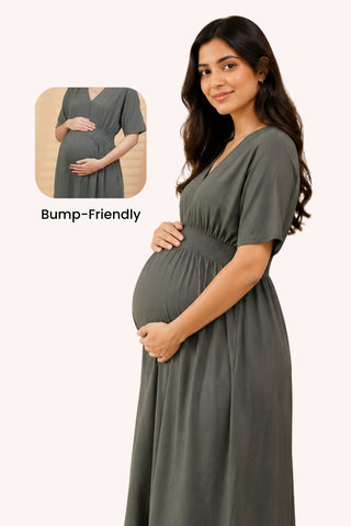 Charcoal Grey Solid Smocked Waist Zipless Feeding Dress