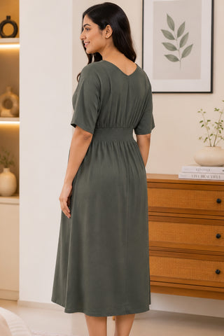 Charcoal Grey Solid Smocked Waist Zipless Feeding Dress