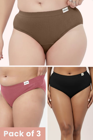Sera Broad Rib Mid Rise Hipster Pack of 3 - (Blush, Mocha, Black)