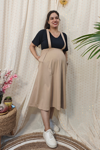 Beige 100% Cotton Jersey Pregnancy Skirt with Detachable Strap & Pockets