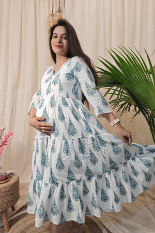 White Printed 100% Soft Cotton Maternity Feeding Dress