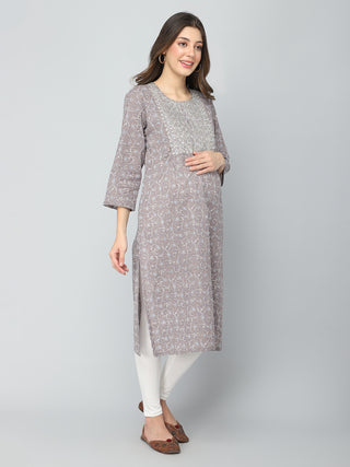 Grey and White Embroidery & Sequins Maternity Kurti - House Of Zelena™
