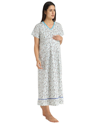 Blue and Grey Miniature Flowers Printed Maternity Maxi - House Of Zelena™