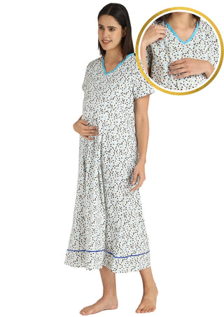 Blue and Grey Miniature Flowers Printed Maternity Maxi - House Of Zelena