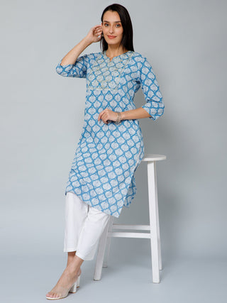 Blue and White Embroidery & Sequins Maternity Kurti - House Of Zelena™
