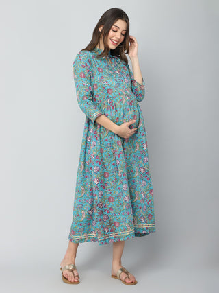 Blue & Pink Floral Print Maternity Dress - House Of Zelena™