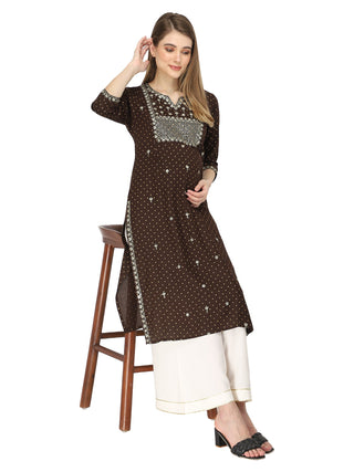 Brown sequins embroidered maternity kurti - 