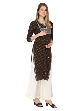 Brown sequins embroidered maternity kurti