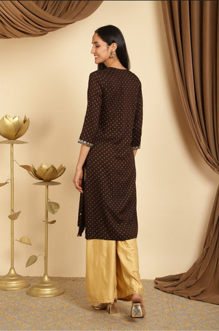 Brown sequins embroidered maternity kurti - 