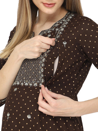 Brown sequins embroidered maternity kurti